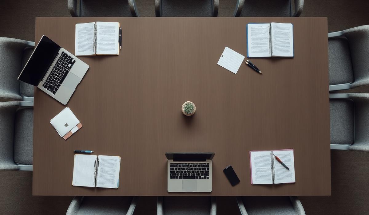 Overhead view of a stakeholder research meeting with notebooks and laptops